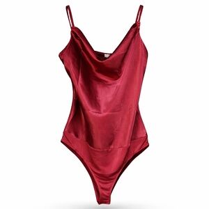Dress Forum Burgundy Satin Bodysuit | Cowl Neck | Silky Luxe | Date Night